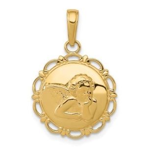 14k Yellow Gold Angel Cherub Scallop Frame Necklace Charm Pendant